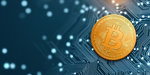 Poster - A close-up of a Bitcoin coin on a circuit board, symbolizing the intersection of cryptocurrency and technology.