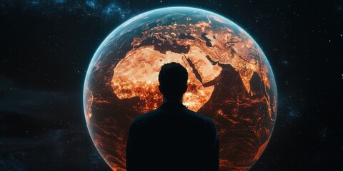 Aufkleber - A silhouette of a person gazes at a glowing Earth from space, highlighting the beauty and fragility of our planet.