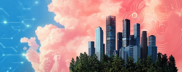 Poster - A vibrant city skyline emerges from lush greenery, set against a backdrop of abstract pink and blue clouds, symbolizing urban growth and nature.