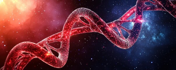 Poster - A vibrant depiction of a DNA double helix against a cosmic background, illustrating the intersection of science and the universe.
