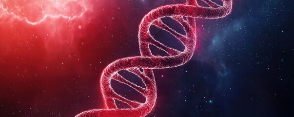 Poster - A vibrant depiction of a DNA double helix against a cosmic backdrop, symbolizing the fusion of biology and the universe.