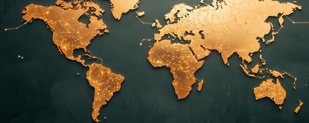 Poster - A stylized world map in gold tones, highlighting continents against a dark background, creating an elegant visual representation of geography.