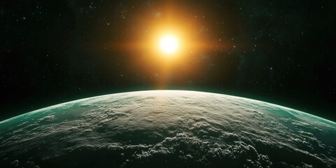 Poster - A stunning view of Earth from space, illuminated by a radiant sun, showcasing the planet's curvature and atmosphere against a backdrop of stars.