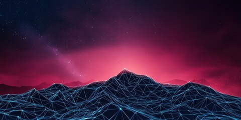 Aufkleber - A digital landscape featuring abstract mountains with a vibrant purple and pink backdrop, creating a futuristic and atmospheric scene.