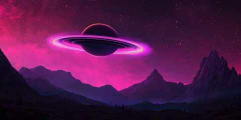 Poster - A stunning cosmic scene featuring a ringed planet against a vibrant pink and purple sky, surrounded by jagged mountains and starry space.