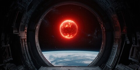 Poster - A vivid view of a red sun seen through a circular window, with Earth visible below, creating a striking contrast against the dark space backdrop.