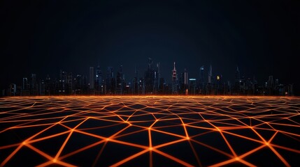 Fototapete - A futuristic city skyline with glowing orange lines against a dark background, suggesting a digital or technological theme.