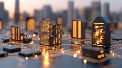 Fototapete - A detailed cityscape showcasing illuminated buildings on a circuit board, blending urban architecture with technology.