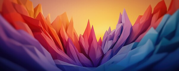 Poster - A vibrant, abstract landscape featuring colorful, jagged peaks under a warm, glowing sky.