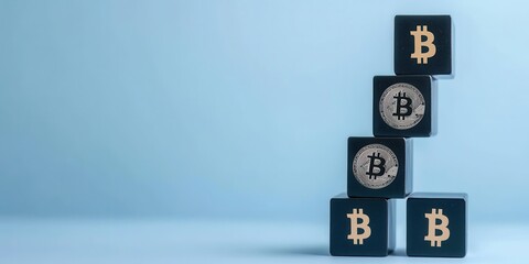 Poster - Stacked blocks featuring Bitcoin symbols against a light blue background, symbolizing cryptocurrency growth and investment potential.