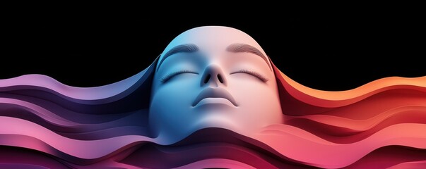 Poster - A serene, stylized face emerges from flowing waves of color against a dark background, evoking tranquility and artistic expression.