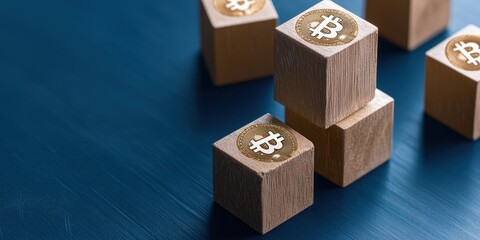 Poster - Wooden blocks featuring Bitcoin symbols arranged on a blue surface, representing cryptocurrency and digital finance.
