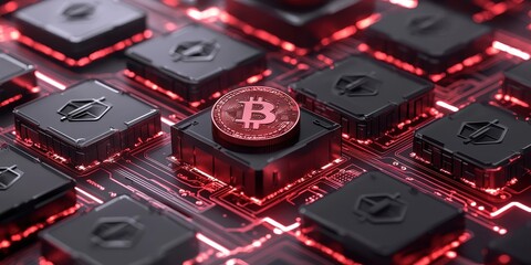 Poster - A close-up of a circuit board featuring a prominent Bitcoin symbol amidst dark chips with red lighting, representing cryptocurrency technology.
