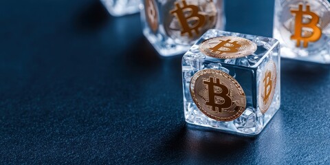 Poster - Bitcoin-themed ice cubes on a dark surface, symbolizing cryptocurrency's cool and innovative nature.