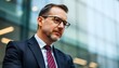 © Shams - Focused and Determined: A close-up portrait of a distinguished businessman, sharply dressed in a suit and glasses, with a contemplative expression set against a modern building.