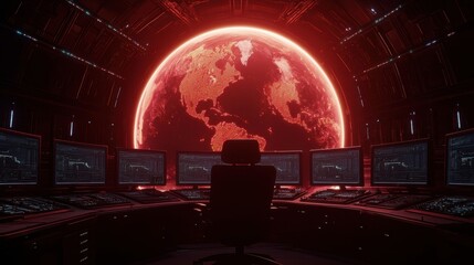Fototapete - A futuristic control room with multiple screens overlooking a glowing red planet, creating an intense and immersive atmosphere.