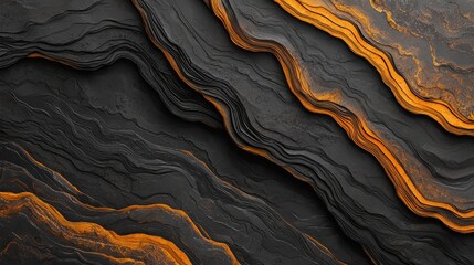 Poster - A stunning abstract image featuring flowing layers of dark stone with vibrant orange highlights, creating a mesmerizing natural pattern.