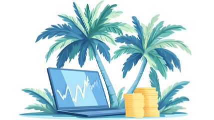 Poster - A serene digital scene featuring a laptop displaying a graph, surrounded by tropical palm trees and a stack of coins, suggesting a blend of finance and leisure