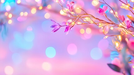 Poster - Delicate Flower Branch with Twinkling Lights and Soft Bokeh Background