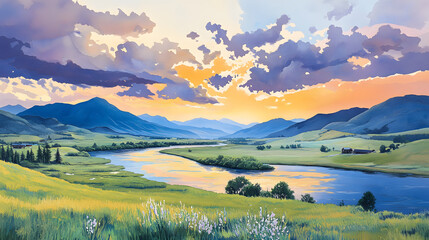 Aufkleber - A vibrant landscape painting depicting a river winding through green fields, mountains, and a dramatic sky filled with colorful clouds at sunset