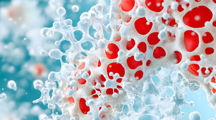 Poster - A vibrant abstract representation with red and white bubbles against a blue background, suggesting movement and fluid dynamics
