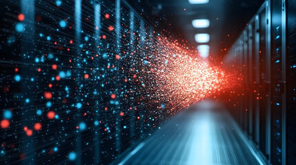 Poster - A futuristic data center hallway with vibrant particles representing digital information flowing through a network
