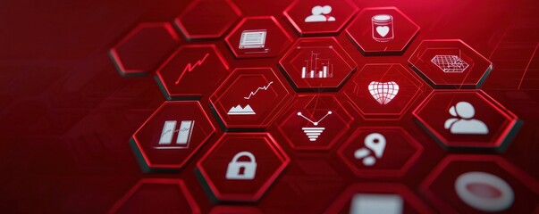 Fototapete - A collection of hexagonal icons on a red background, representing various themes like health, security, technology, and data analysis.