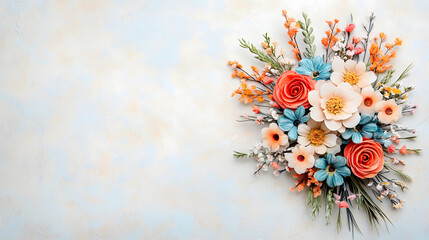 Poster - A vibrant floral arrangement featuring roses, daisies, and other colorful flowers against a light, textured background