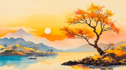 Aufkleber - A serene landscape featuring a vibrant sunset, a solitary tree, mountains, and a calm lake, capturing the beauty of nature in warm autumn hues