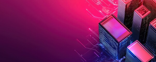 Fototapete - A vibrant digital cityscape with skyscrapers, illuminated by pink and purple hues, suggesting a futuristic technological theme.