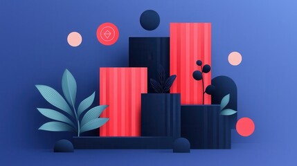 Aufkleber - A vibrant, abstract composition featuring geometric shapes, colorful blocks, and stylized plants against a blue background.