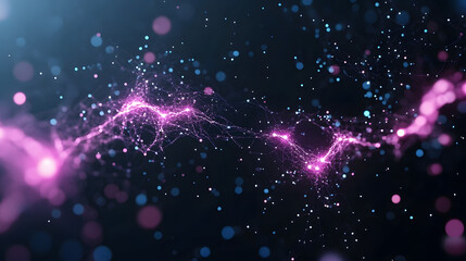 Poster - A vibrant, abstract depiction of interconnected particles and lights, showcasing a cosmic theme with pink and blue hues against a dark background
