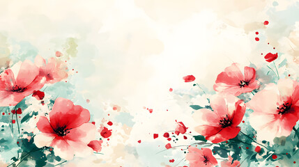 Poster - A vibrant watercolor painting featuring delicate pink flowers with soft green foliage against a light background