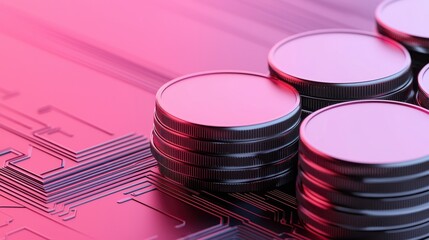 Poster - A stack of coins set against a digital circuit background, highlighted with a pink hue, symbolizing technology and finance.