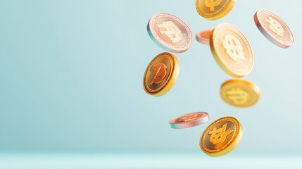 Poster - Floating cryptocurrency coins against a soft blue background, symbolizing digital finance and investment trends in modern economies.