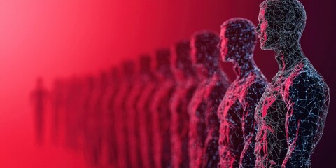 Poster - A line of abstract, digital figures against a vibrant red background, suggesting themes of individuality and technology.