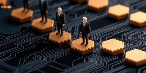 Fototapete - A digital scene featuring miniature figures of business people on hexagonal platforms over a circuit-like background, symbolizing technology and innovation.