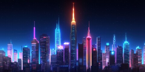 Fototapete - A vibrant city skyline illuminated at night with colorful lights and tall skyscrapers against a dark sky backdrop.