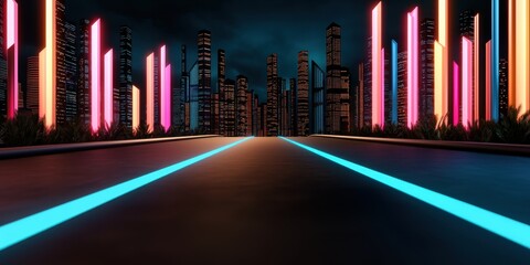 Fototapete - A vibrant cityscape featuring neon lights and a futuristic road under a dark sky, creating a dynamic, modern atmosphere.
