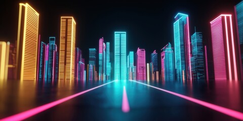 Fototapete - A vibrant, futuristic city skyline illuminated by neon colors against a dark background, showcasing modern architecture and a digital aesthetic.