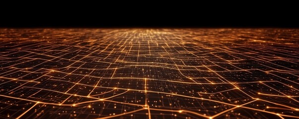 Fototapete - A glowing grid of interconnected lines on a dark background, resembling a digital landscape or network visualization.