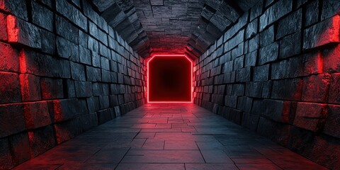 Poster - A dimly lit tunnel with stone walls, featuring a glowing red doorway at the end, creating a mysterious and eerie atmosphere.