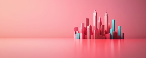 Aufkleber - A vibrant, abstract skyline featuring colorful skyscrapers against a soft pink background.