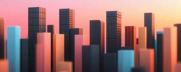 Aufkleber - A vibrant skyline at sunset, showcasing a blend of modern skyscrapers with colorful lighting against a soft gradient sky.