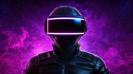 Poster - A futuristic figure wearing a sleek black helmet with glowing trim, set against a vibrant cosmic background of purple and blue hues.