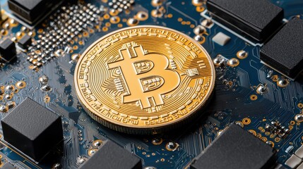 Poster - A close-up of a Bitcoin coin set against a circuit board background, symbolizing cryptocurrency and technology.