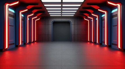 Poster - A modern hallway featuring sleek design and vibrant red neon lights, creating a futuristic ambiance.