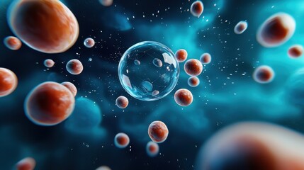 Poster - Digital depiction of microscopic cells and bubbles, showcasing a vibrant, abstract representation of biological life at the cellular level.