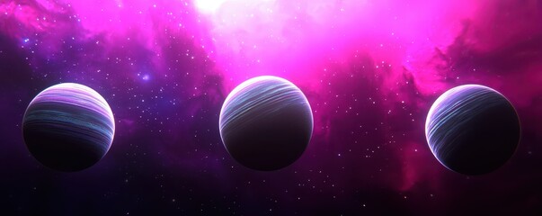 Poster - A vibrant cosmic scene featuring three planets set against a colorful nebula background.