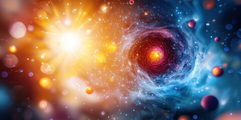 Poster - A vibrant cosmic scene featuring swirling galaxies, bright stars, and colorful nebulas, illustrating the beauty of the universe.
